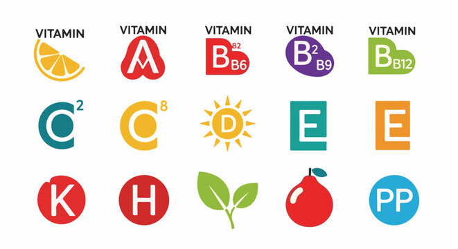 Colorful icons representing various vitamins, including A, B-complex, C, D, E, K, H, and PP, with illustrative symbols