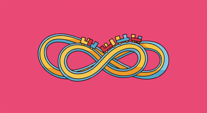 Colorful infinity roller coaster with toy trains on a vibrant pink background