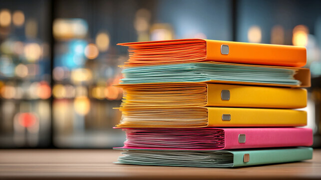 Office paperwork stack with folders, papers, organized desk, professional workspace, modern corporate interior, business documents, productivity-focused setup