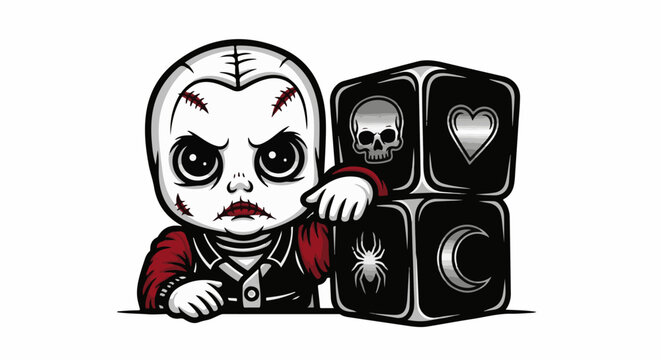 Creepy doll with stitches and dark icons on blocks, a gothic playful design