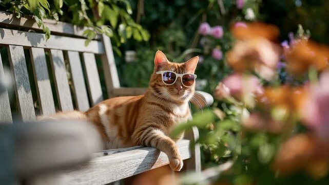Ginger cat wearing sunglasses laying on a wooden bench in a sunny garden