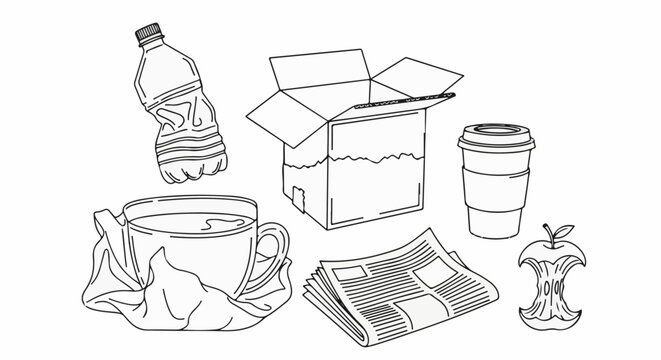 Still life drawing of discarded items crumpled bottle, tea, box, coffee cup, newspaper, apple core