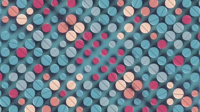 Symmetrical 3D animation with a pulsating pattern of pills in coral and purple tones. Seamless looping graphics with rhythmic changes in lighting and volume. Perfect for design