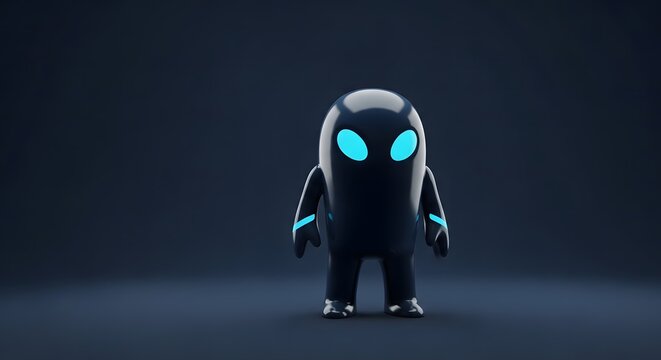 small glossy robot dark body glowing cyan eyes headphones futuristic design minimalistic gradient background