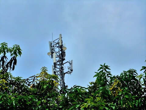 Telecommunication Tower Behind Green Trees Against Overcast Sky