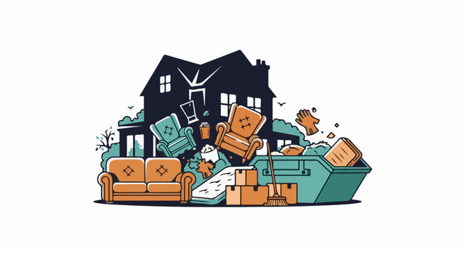 Illustration of furniture and debris being cleared from a house into a dumpster