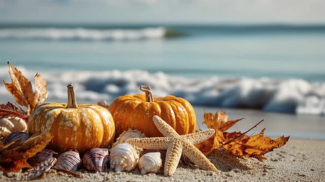 Pumpkins, seashells, starfish, and fall leaves arranged on a sandy beach with ocean waves