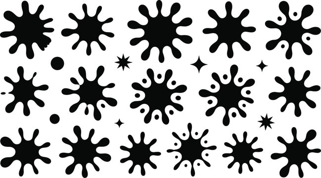 Black Ink Splatter Shapes and Stars on White Background