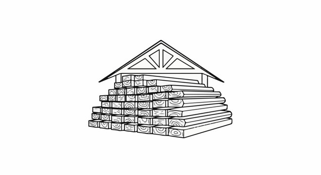 Stacked lumber under a simple gabled roof structure