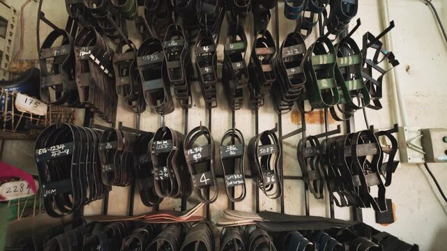 Close-up of shoe sole cutting dies and molds hanging in workshop, showing industrial tools, craftsmanship process, and traditional footwear production environment. UHD.