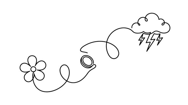 Continuous Line Drawing of Tossed Coin Showing Flower and Storm Cloud Minimalist Vector