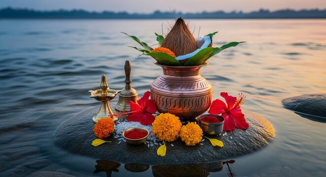 Traditional Hindu Adi Amavasai Ritual Items with Copper Vessel on Wet Riverbank Stone at Sacred River During Dawn for Ancestor Worship Rituals