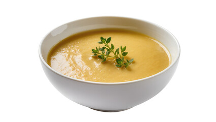 Creamy orange soup in white bowl garnished with fresh thyme sprig © Friedrich