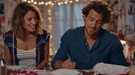 Fototapeta premium Couple making crafts together indoors