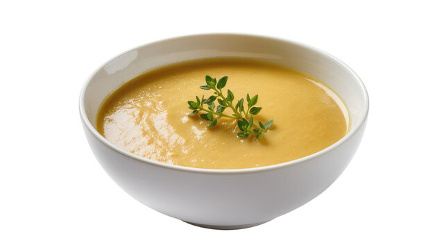 Creamy orange soup in white bowl garnished with fresh thyme sprig