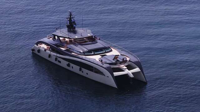 Aerial view of a modern twin hull motor yacht off Cannes, France. The yacht drifts near still water, people stand on bow and flybridge, sunlit decks show.