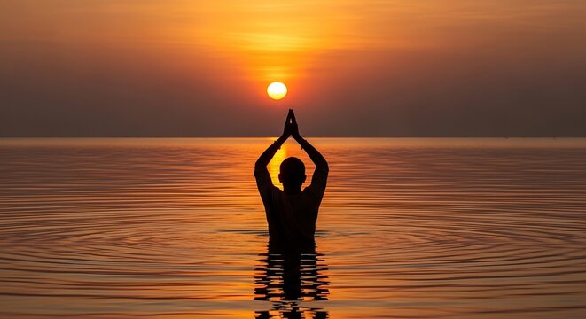 Silhouette of a Devotee in Traditional Attire Offering Prayers to the Rising Sun during Adi Amavasai Ritual in a Sacred Water Body
