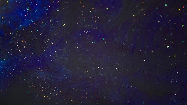 Abstract background with dark blue fluid inks and glowing glitters 4K