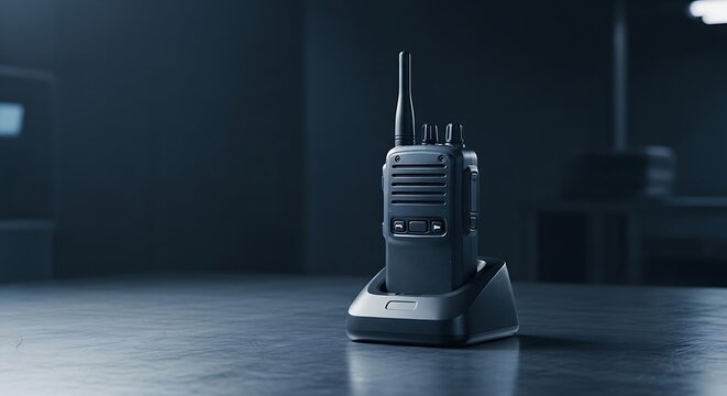 A black handheld 2 way radio device resting on its charging station base against a dark and moody background environment for communication equipment