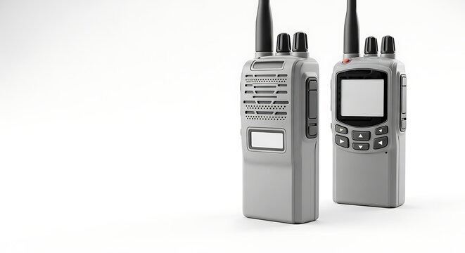Two modern gray portable 2 way radio devices standing side by side against a clean white background for professional business or emergency communication