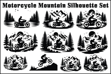 Obraz premium Motorcycle Mountain Adventure Silhouette Set, Off Road Bike Rider in Forest Landscape Black Vector Collection
