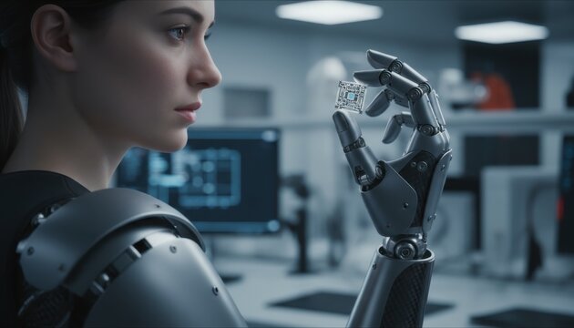 Woman with robotic arm skillfully holds microchip in modern tech lab setting