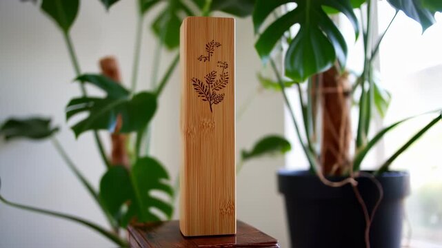 Rectangular bamboo block with engraved design, surrounded by plants