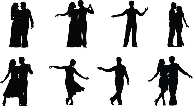 Elegant dancing couple silhouette collection, romantic ballroom dance poses, graceful partner movements, black vector illustration isolated on white background
