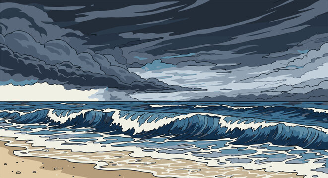Dark clouds loom over crashing waves on a sandy beach