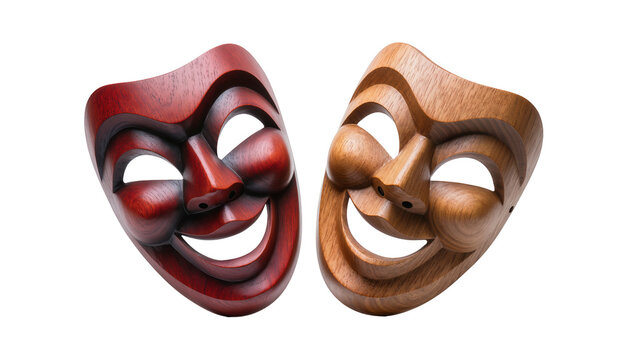 Red and Brown Wooden Comedic Theater Masks Close-Up