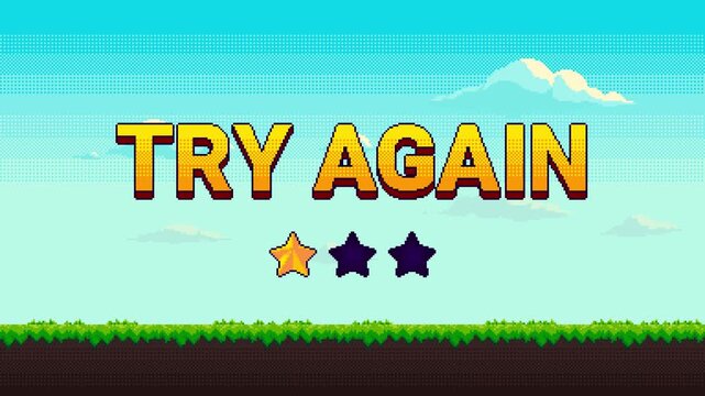 Pixel game scene with Try Again message and one star rating. Feedback screen with landscape and moving clouds.
