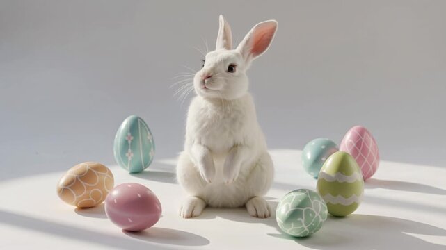 Adorable White Rabbit with Patterned Pastel Easter Eggs Studio Shot