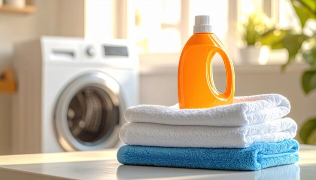 Bright orange laundry detergent bottle placed on top of neatly folded white and blue towels inside clean modern washroom space