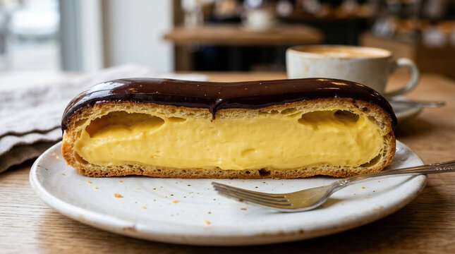 Delicious eclair dessert pastry on white plate with chocolate glaze