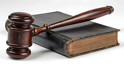 Wooden gavel resting on a vintage black law book on white background