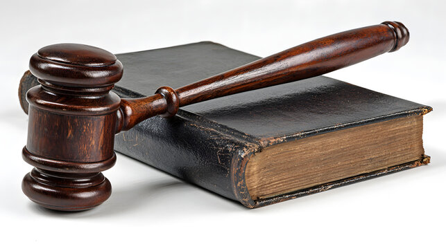 Wooden gavel resting on a vintage black law book on white background