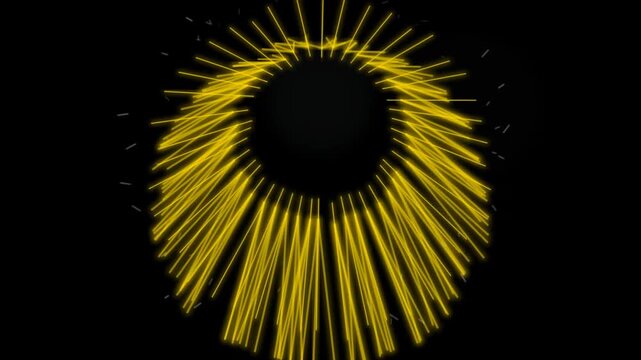 Bright, circular patterns of blue and green radiate outward against a dark background, creating dynamic visuals
