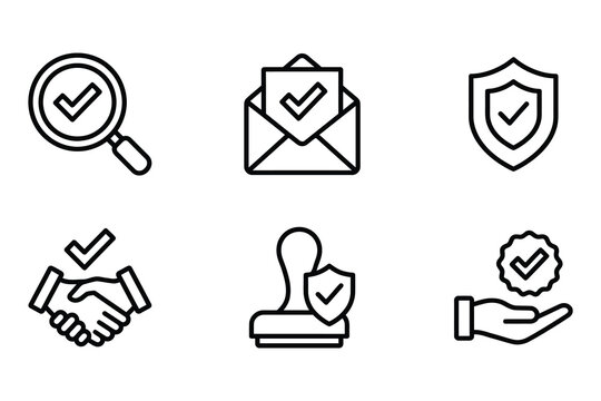Modern minimalist icon set featuring verification approval and security trust symbols for business and technology use