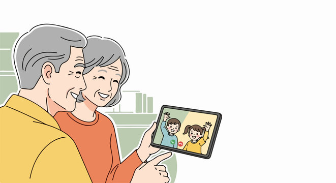 Elderly couple video calling grandchildren on tablet, vector illustration of family connection and modern communication technology for seniors.