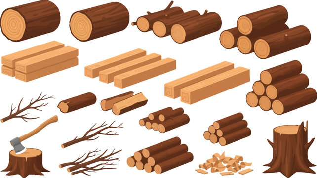 Comprehensive vector illustration set featuring various wood logs, timber planks, stacked firewood, tree stumps, an axe, and dry branches for forestry design.