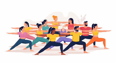 Fototapeta premium Diverse group practicing yoga warrior pose in studio vector illustration. Group yoga class in fitness studio, people stretching and balancing in unison. Wellness concept for health and fitness.