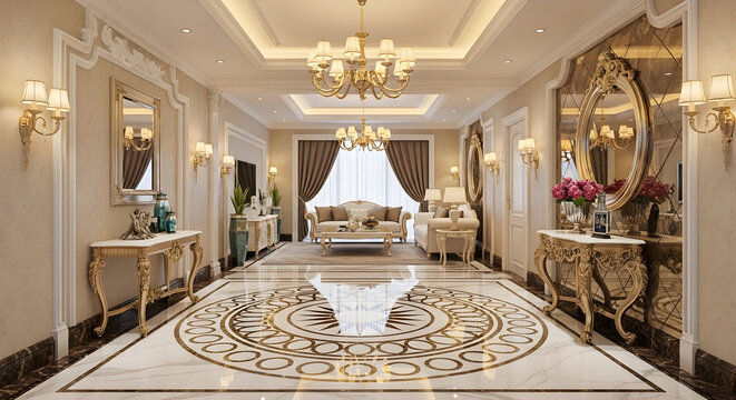 Luxurious interior design of a spacious elegant foyer with chandelier and ornate tiles and mirrors