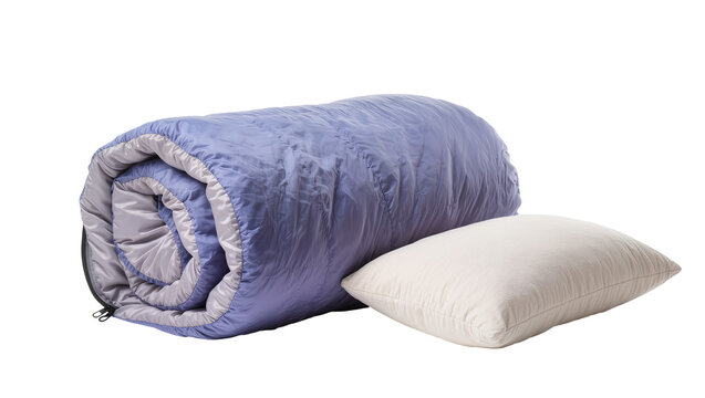 Rolled Blue Sleeping Bag with Two Cream Colored Pillows
