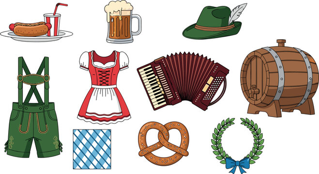 Oktoberfest Celebration Collection Featuring Pretzel, Beer, Dirndl, Lederhosen, Accordion, and Traditional German Food and Drink Icons.