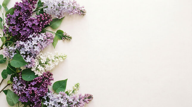 Decorative border of fresh purple, white, and pink lilac flowers arranged along the side on a soft beige background. Elegant spring floral composition with copy space, suitable for greeting cards