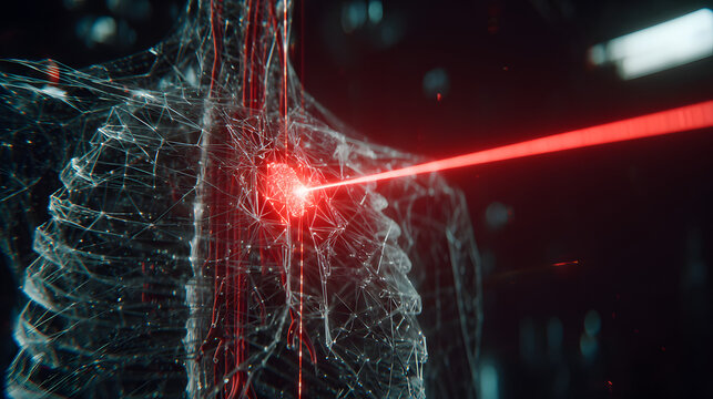 A glowing red laser beam hitting a human skeletons heart in a dark room with a futuristic network of lines and nodes