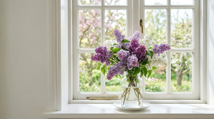 Fototapeta premium Bouquet of fresh purple and white lilac flowers arranged in a clear glass vase on a bright windowsill. Soft natural sunlight and blooming garden visible through the window create a peaceful spring
