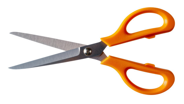 Orange handled sharp scissors with silver metal blades open