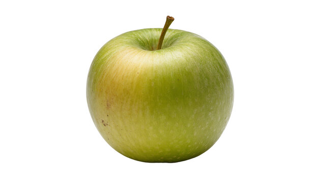 Greenish yellow speckled apple with brown stem and calyx