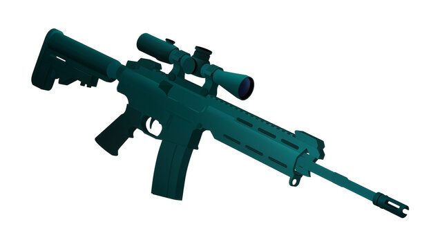 Dark teal tactical rifle with scope and black polymer stock